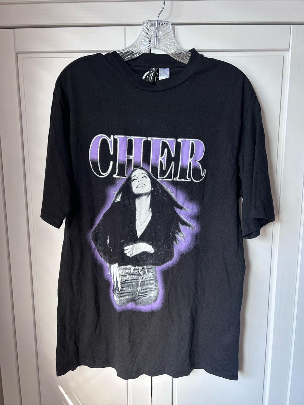 Divided Black Graphic 'Cher' Tee with Purple Accents